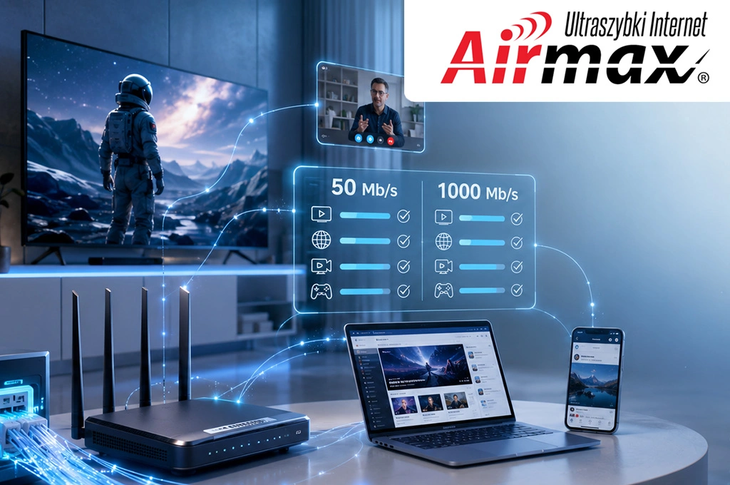 Grafika ilustrująca codzienne korzystanie z internetu oraz porównanie prędkości 50 Mb/s i 1000 Mb/s podczas przeglądania stron, oglądania filmów i korzystania z mediów społecznościowych.