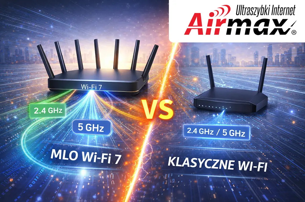 MLO vs klasyczne Wi-Fi – wizualizacja porównania Multi-Link Operation w Wi-Fi 7 z tradycyjnym połączeniem bezprzewodowym