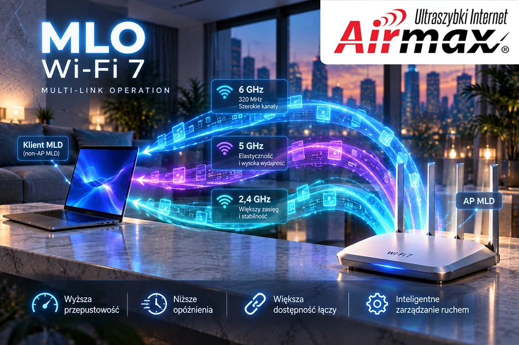 MLO w Wi-Fi 7 – Multi-Link Operation i transmisja danych między routerem a laptopem przez łącza 2,4 GHz, 5 GHz i 6 GHz