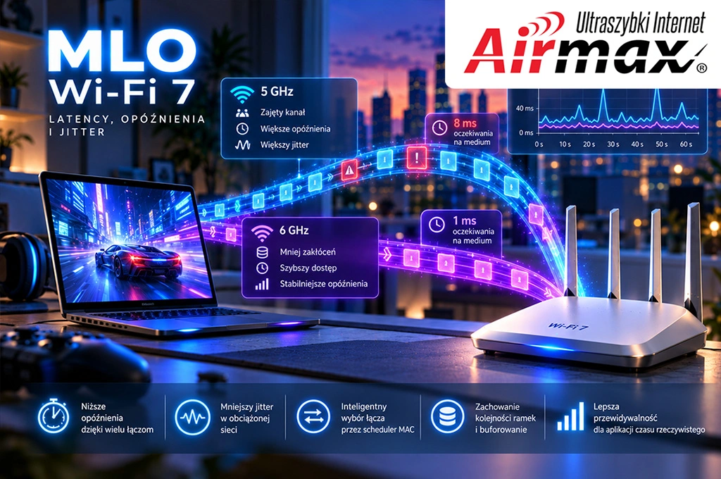 MLO w Wi-Fi 7 – porównanie opóźnień i jittera na łączach 5 GHz i 6 GHz podczas transmisji danych