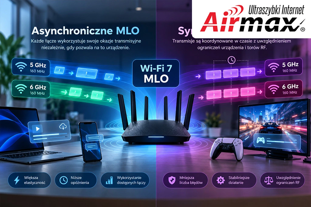 MLO w Wi-Fi 7 – porównanie synchronicznej i asynchronicznej pracy łączy 5 GHz i 6 GHz oraz koordynacji transmisji radiowych