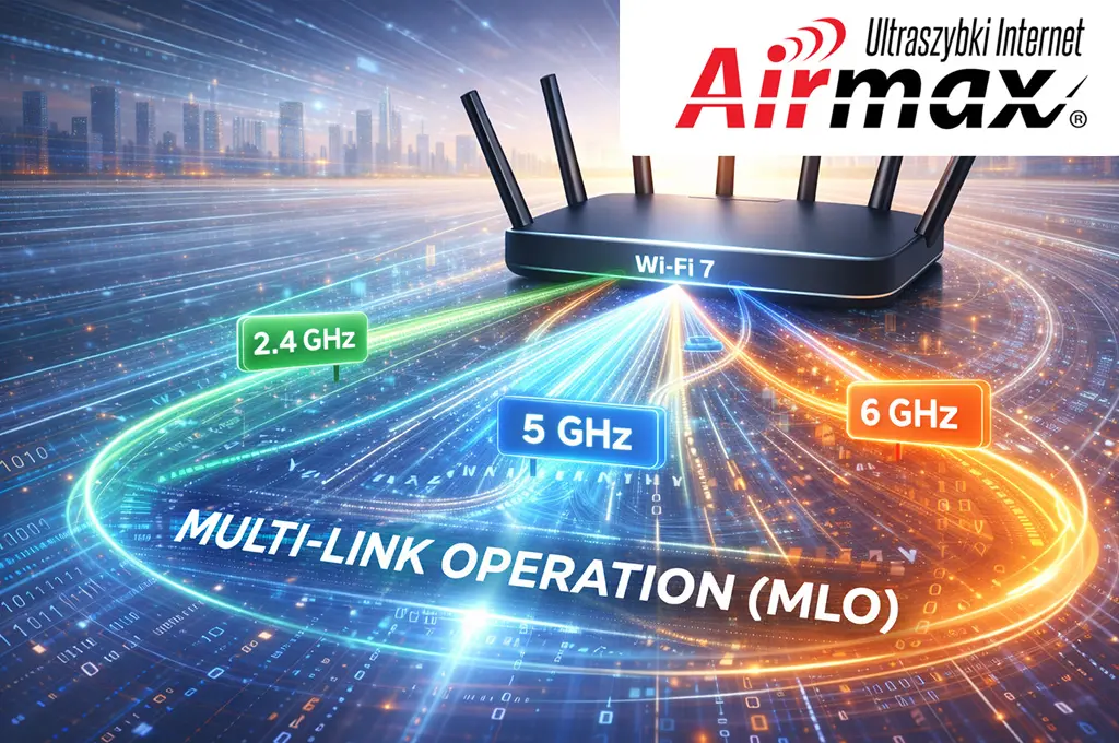 Multi-Link Operation (MLO) w Wi-Fi 7 – wizualizacja równoczesnej transmisji danych w pasmach 2.4 GHz, 5 GHz i 6 GHz w nowoczesnej sieci bezprzewodowej
