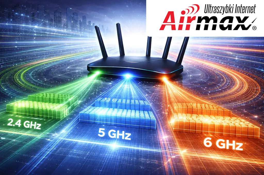 Ilustracja trzech pasm 2,4 GHz, 5 GHz i 6 GHz w Wi-Fi 7 przedstawiona jako kolorowe strumienie sygnału z nowoczesnego routera