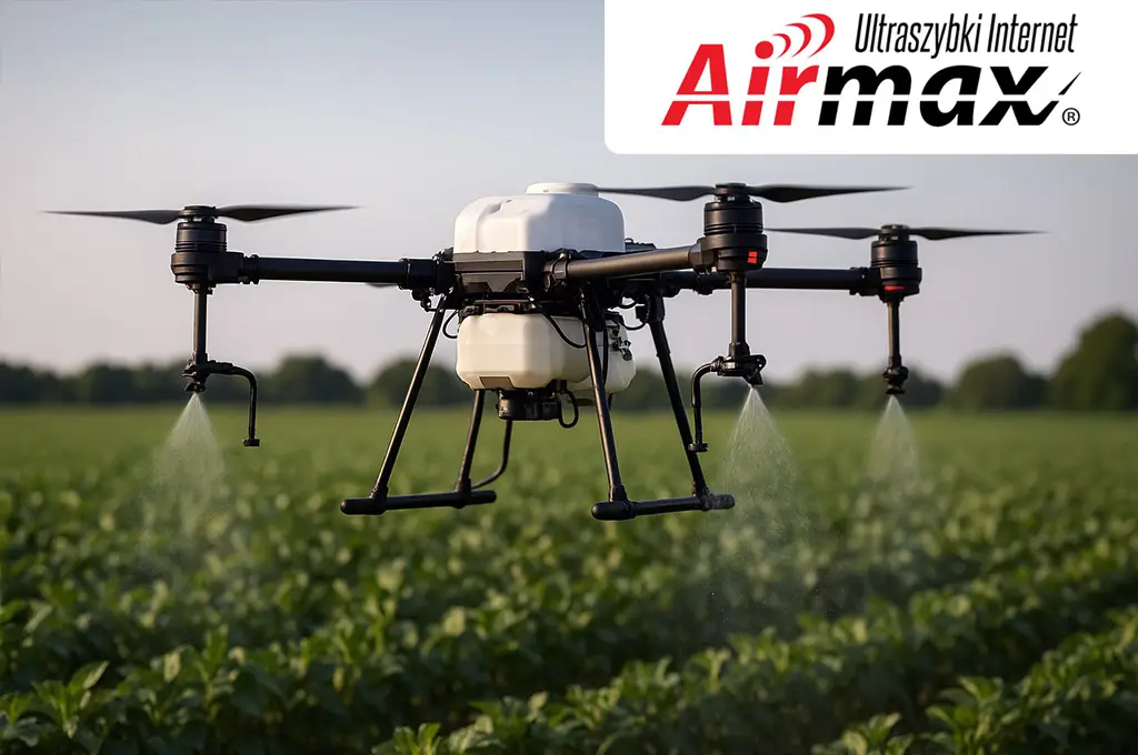 Dron rolniczy wykonujący precyzyjny oprysk nad polem uprawnym