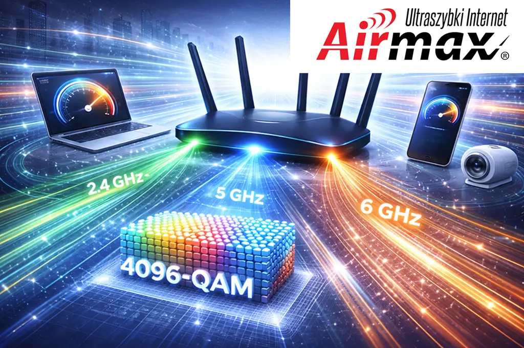 Ilustracja technologii Wi-Fi 7 pokazująca równoległą transmisję Multi-Link Operation oraz wysoką efektywność modulacji sygnału w standardzie IEEE 802.11be