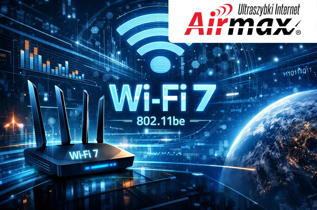 Ilustracja technologii Wi-Fi 7 (802.11be) – router nowej generacji, pasmo 6 GHz i ultraszybka sieć bezprzewodowa