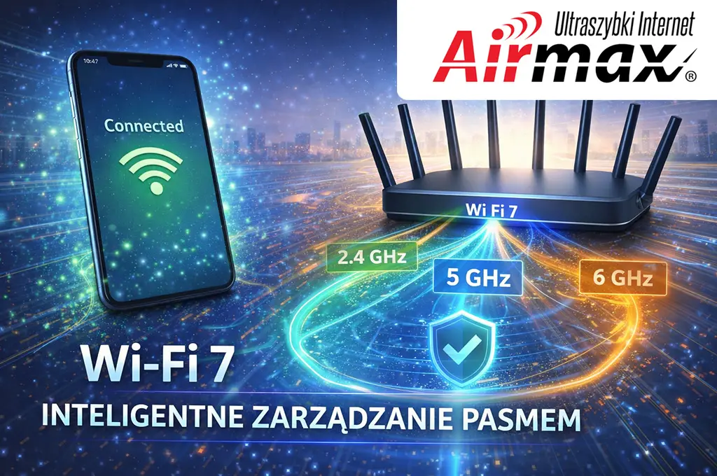 Wi-Fi 7 stabilne połączenie – smartfon korzystający z inteligentnego zarządzania pasmem i technologii MLO bez zrywania sygnału