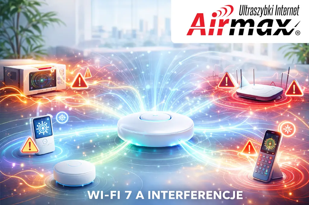 Wi-Fi 7 interferencje jak radzi sobie z zakłóceniami – ilustracja technologii redukcji zakłóceń w sieci bezprzewodowej