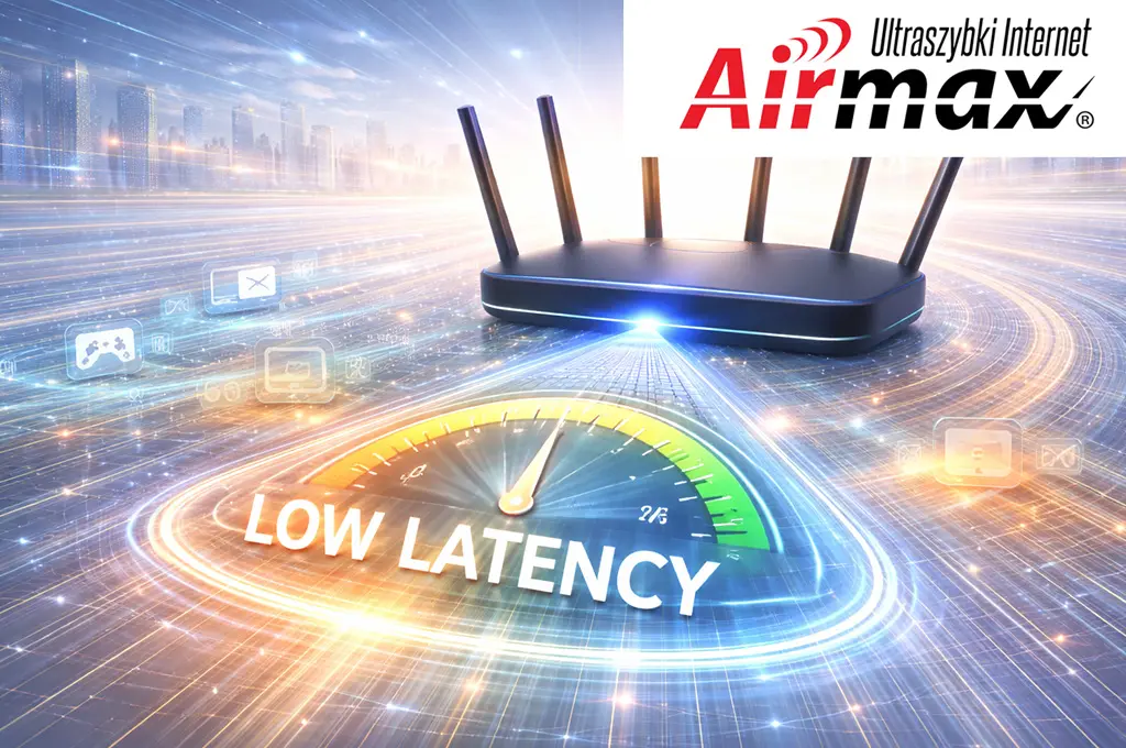 Wi-Fi 7 niska latencja – wizualizacja szybkiej transmisji danych w nowoczesnej sieci bezprzewodowej Wi-Fi 7
