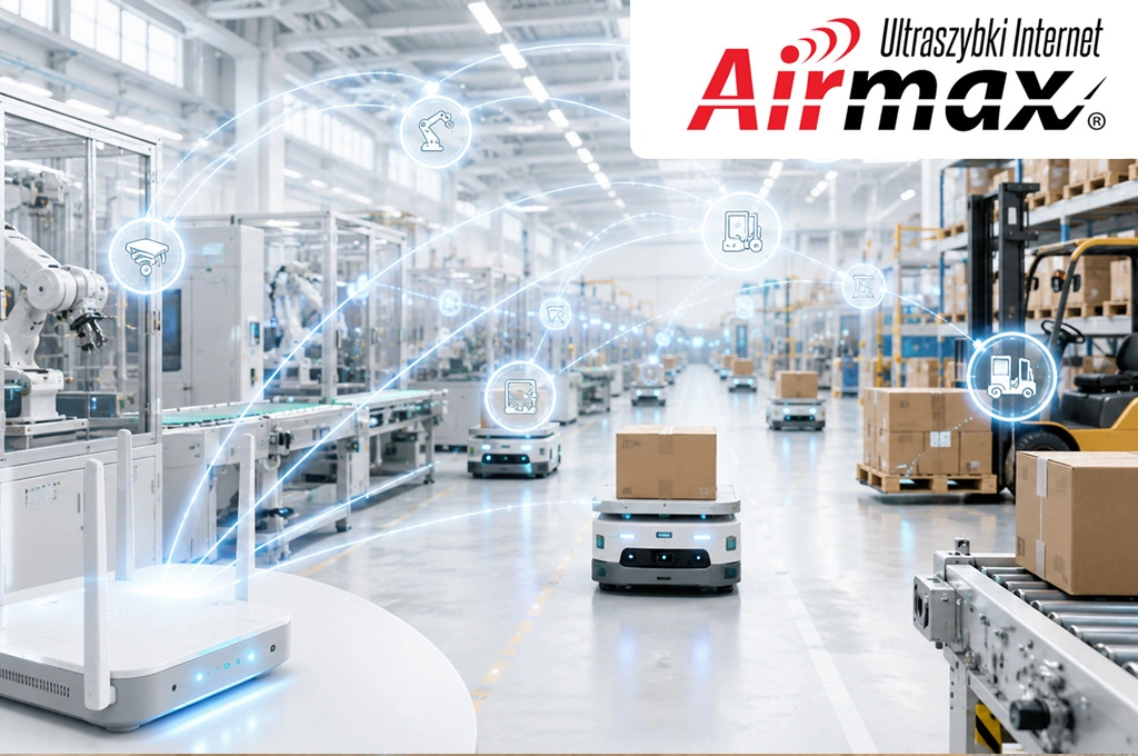 Nowoczesna hala produkcyjno-magazynowa z autonomicznymi robotami AGV, robotami przemysłowymi i systemami IoT połączonymi siecią Wi-Fi 7.