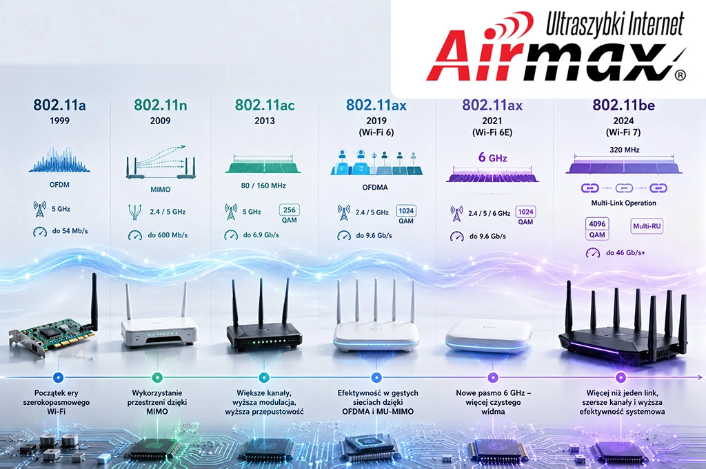 Ewolucja Wi-Fi od 802.11a do Wi-Fi 7 – rozwój OFDM, MIMO, OFDMA, QAM i MLO
